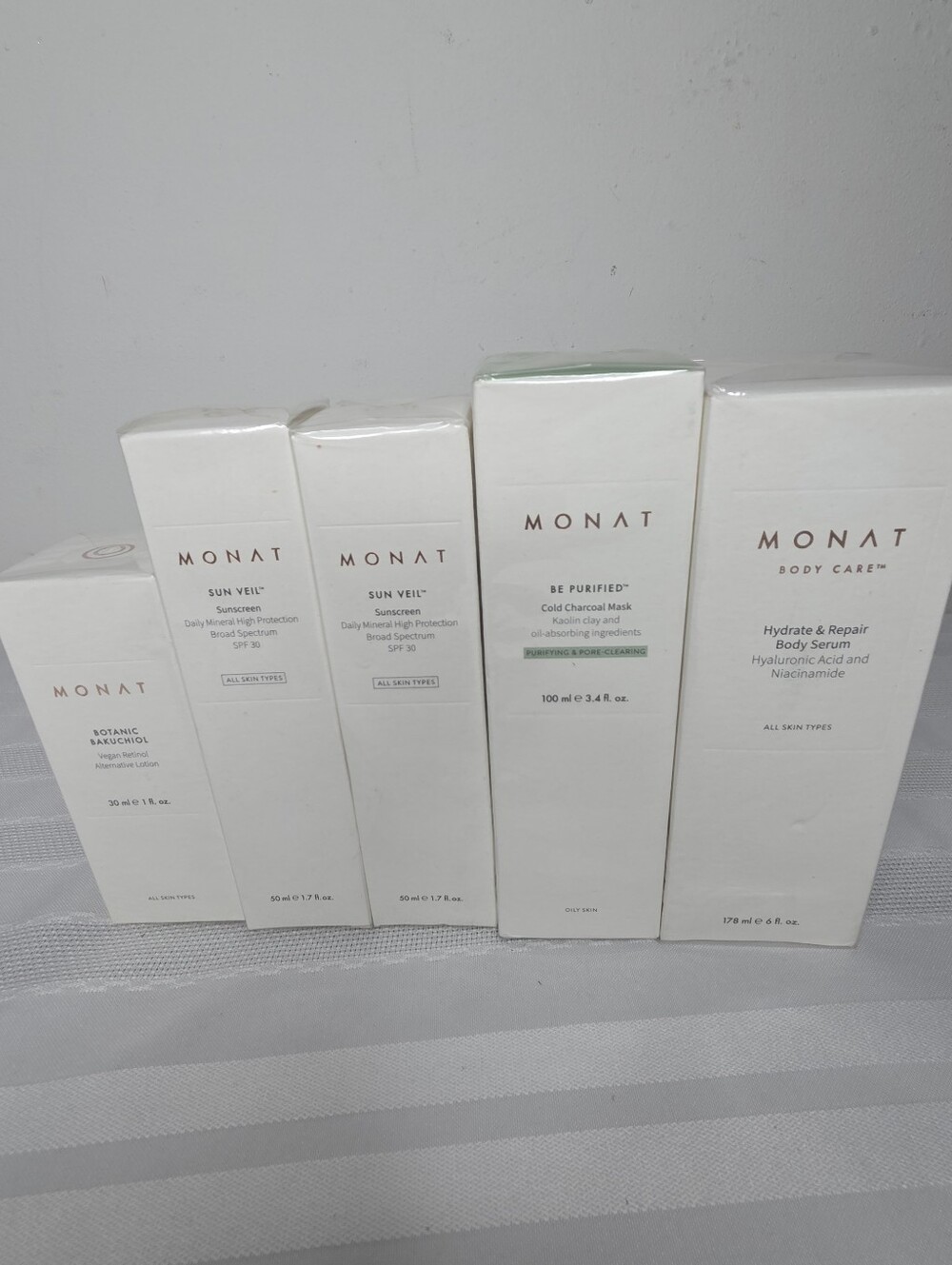 MONAT Skincare Lot 5pc NEW SEALED Sun Veil SPF30 Bakuchiol Charcoal Mask Body
